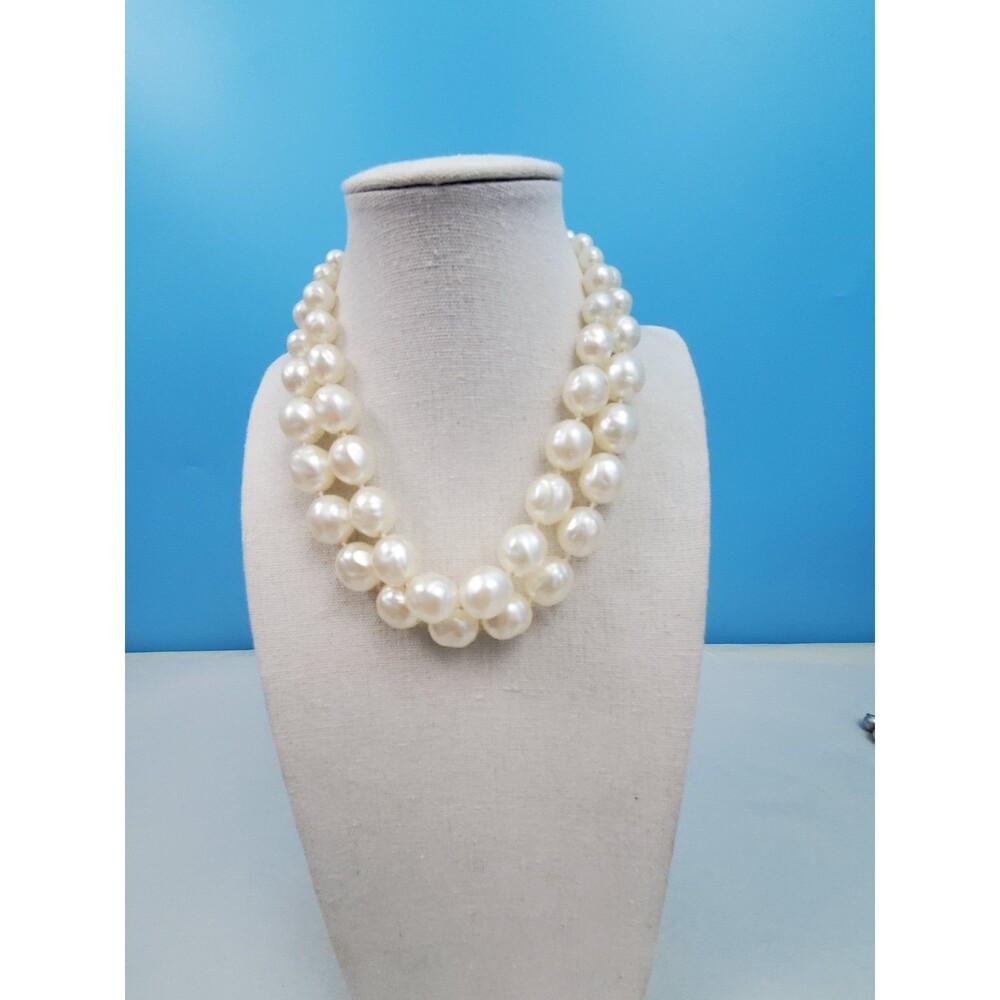 Vintage Double Strand White Baroque Faux Pearl Statement Choker Necklace Retro